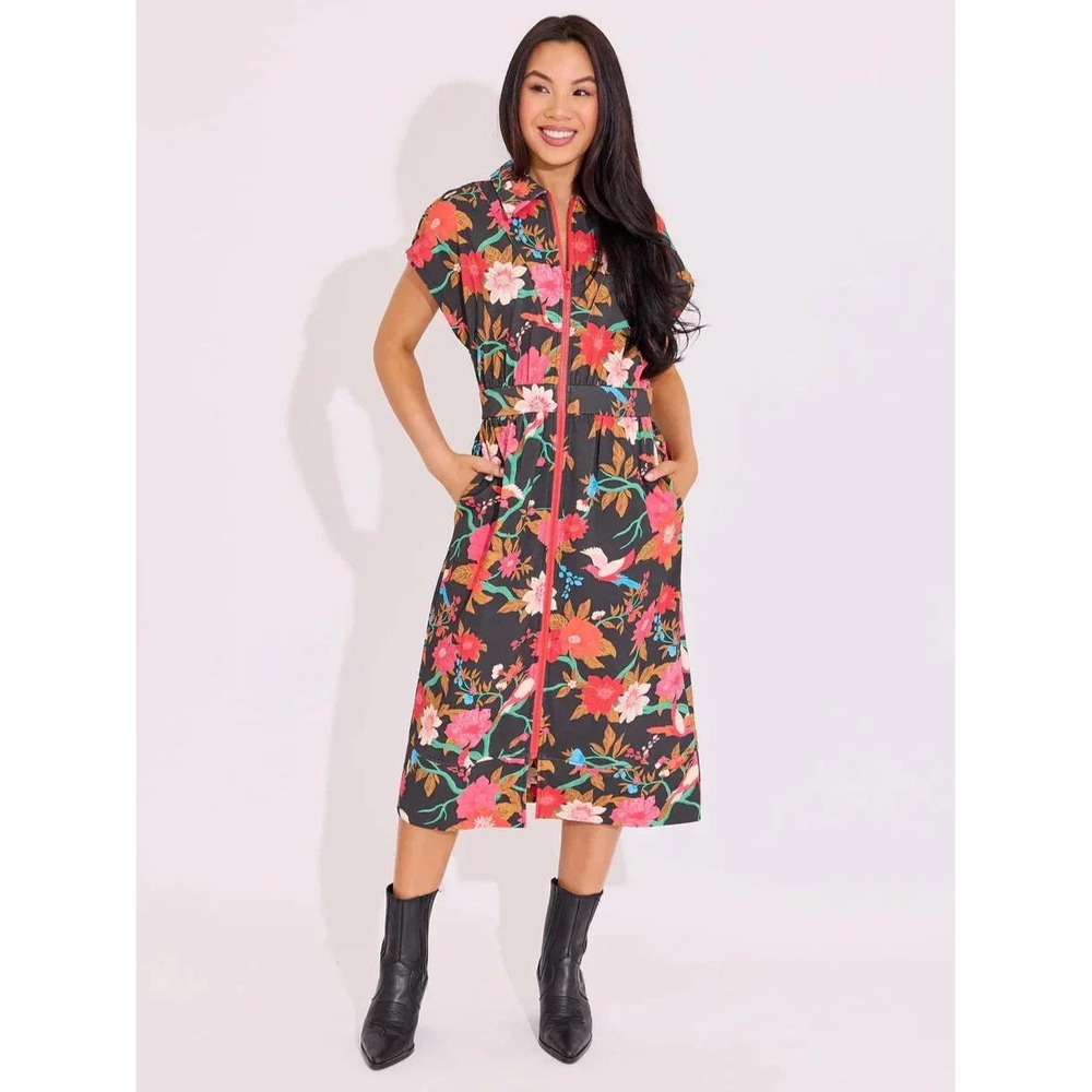 Alden Adair NWT Belle Dress Florence Floral Bird Zip Front Midi Dress Small